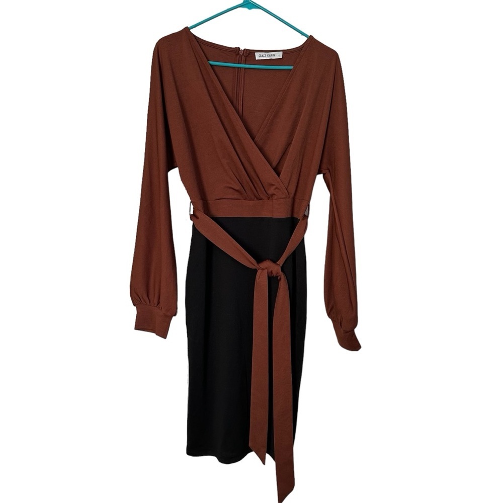 Grace Karin Dress Faux Wrap Colorblock Rust & Black Long Sleeve Stretcy Size L